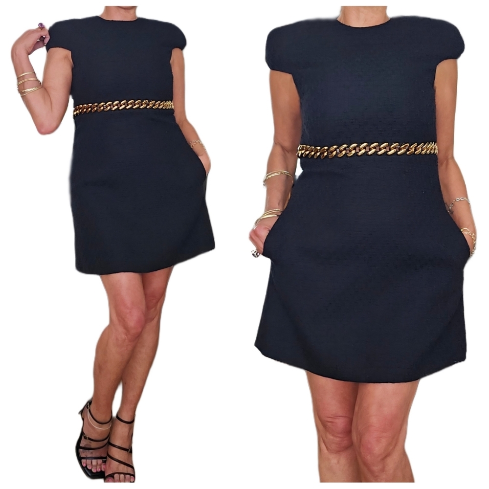 Versace Black Tweed Gold Chain Capped Sleeve Dress With Pockets - Picture 4 of 11